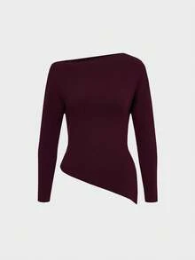 Áo len nữ kiểu dáng thanh lịch, sang trọng, tối giản, thoải mái với thiết kế vai bất đối xứng, thích hợp cho việc đi làm hàng ngày. - Màu Đỏ Sâu - Xem 8