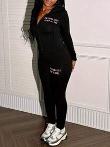 2pcs Plus Size Women Fashion Hooded Long Sleeve Zip-Up Letter Print Jacket And Leggings Set Black Spring Elegant - Black - View 3