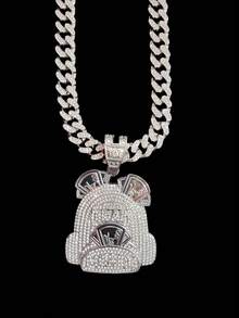 1 Set Fashion Creative Backpack, Dollar Sign Pendant & Rhinestone Glass Cuban Chain Necklace, Men's Hip Hop Punk Pendant Necklace, Suitable For Daily Wear, Valentine's Day Gift, 2 Chain Options - Silver - View 3