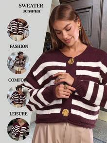 Women's Autumn And Winter Fashion Retro Round Neck Long Sleeve Short Knitted Cardigan, Striped Color Blocking And Rolled Edge Design, Double Pockets, Large Metal Buttons, Elegant And Casual Daily Top.