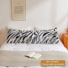 20x54 Fluffy Cheetah Print Body Pillow Cover, Leopard Print Plush Fuzzy Pillowcase With Zipper, Farmhouse Shaggy Long Pillow Cover Women Side Sleepers, Pink - 黑色斑馬紋 - 查看 2