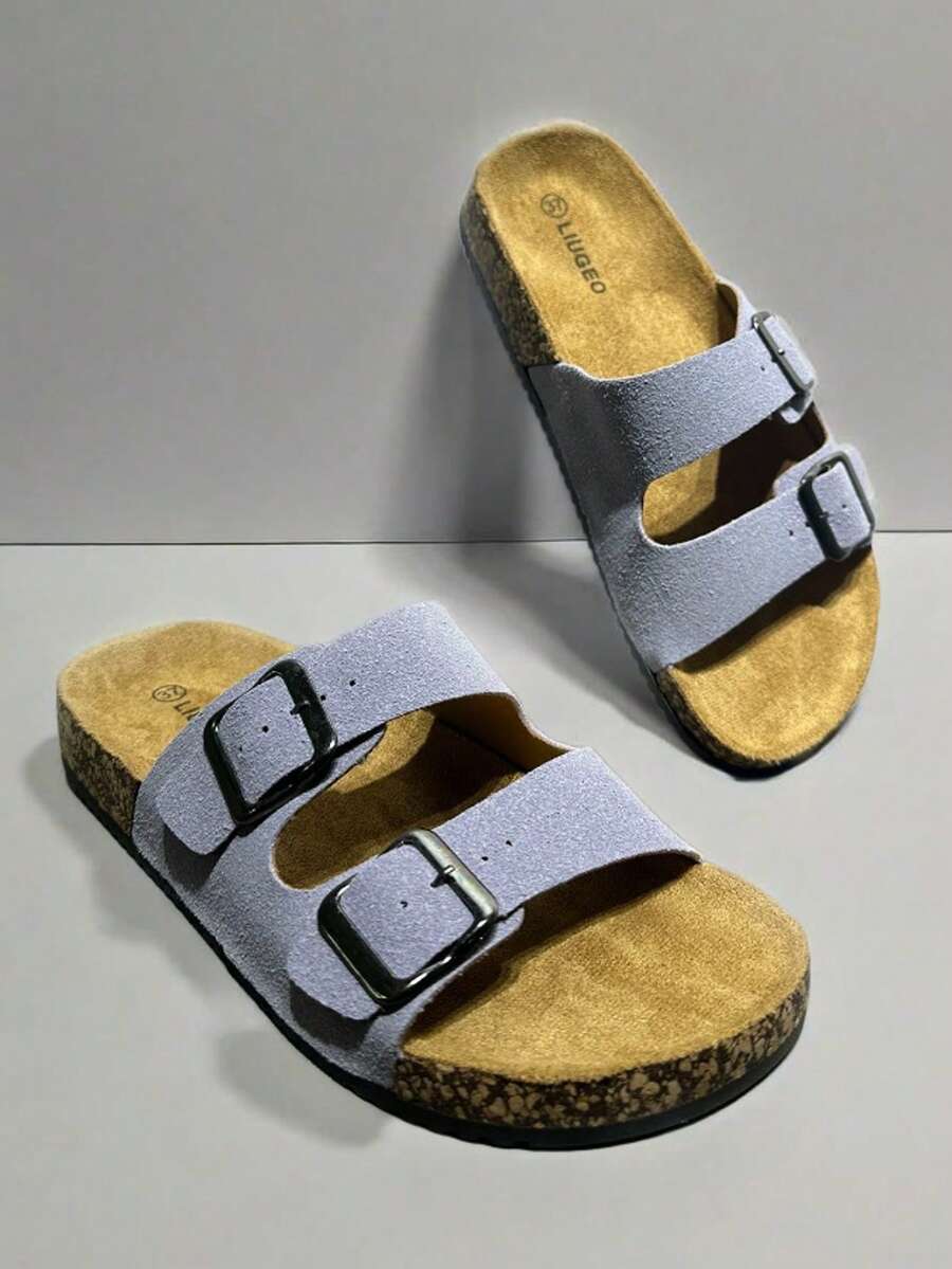 经典假日风格夏季凉鞋，休闲露趾绒面软木拖鞋，带可调节扣，适合男士/女士日常装扮、休闲散步、海滩度假