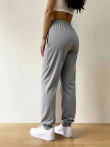 Pantalones De Cintura Alta Para Mujer Con Bolsillos En Diagonal Y Costura al frente - Gris - Ver 3