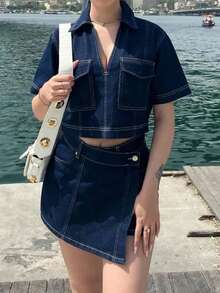 Women's 2 Piece Denim Set Short Sleeve Lapel Crop Jean Tops And Asymmetrical Wrap Skirt Shorts Outfit Streetwear