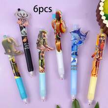 6/10pcs Foreign Mountain And Sea Classic Neutral Pen, Elementary School Student Version Ballpoint Pen, Divine Beast Doll Pen, Wooden Stick Man Shark Pen, Suitable For Office And Holiday Gifts, Birthday Gifts, Etc., It Can Be Given As 6 Sets To Friends, With Smooth Writing And Fun Appearance