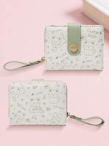 New Korean Style Folding Buckle Short Women's Wallet, Japanese Cute Cat Cartoon Integrated Card Holder, Student Bag, Zipper Coin Purse Wallet - 抹茶綠 - 查看 4