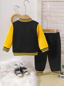 2 件套男婴休闲皇冠和字母印花棒球领夹克上衣和裤子套装，秋冬