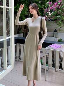 Autumn/Winter Korean Style Apricot Elegant Waist Cinched Cutout Shoulder Long Sleeve Women Sweater Dress