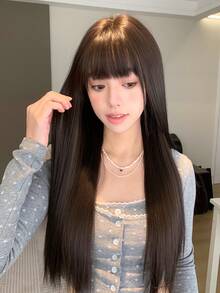 alicegarden 1 Synthetic Heat-Resistant Wig, Black Long Straight Wig With Bangs, 28 Feet Long, Made Of Fiber, Suitable For Daily Use, Natural Simulation Wig