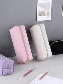 1pc Corduroy Pen Pouch, Large Capacity Simple Solid Color Corduroy Stationery Organizer, Essential Stationery Storage Supplies For Students.