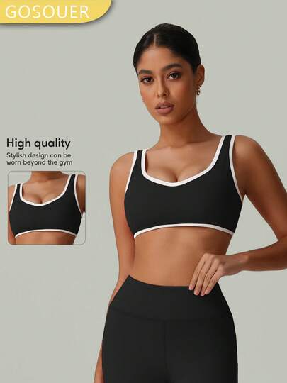 女士夏季性感撞色白条纹聚拢防震瑜伽跑步背心运动文胸