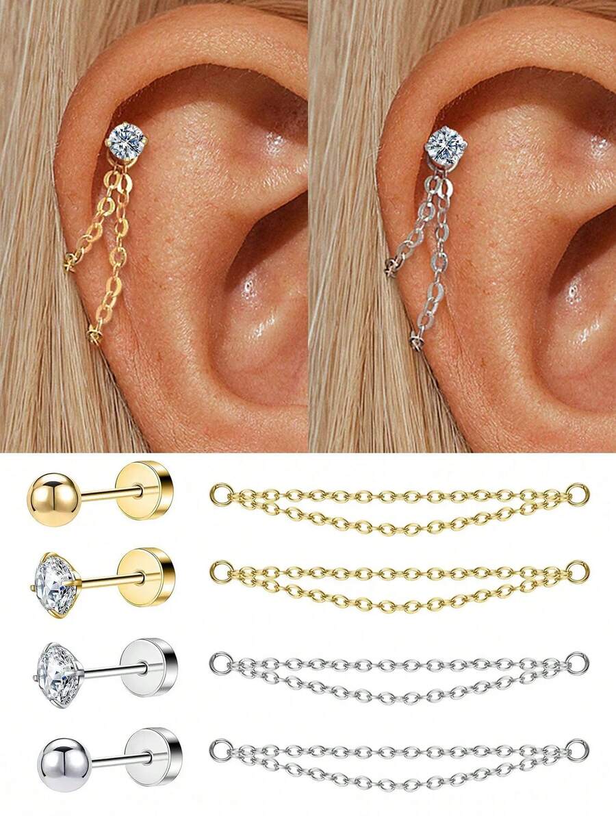 1pc 18K Gold Plated 4 Prong Inlaid Zirconia/Hypoallergenic Pierced Earring Chain Pendant Flat Back Cartilage Helix Piercing Fine Jewelry Suitable For Daily Wear Wedding Party Engagement Anniversary Valentine's Day - Multiple Styles - View 1