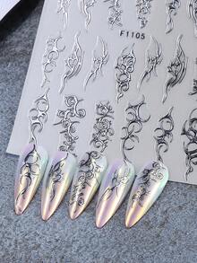 4片装Y2K哥特风美甲贴纸，3D金属金银线条朋克美甲贴花，包含荆棘藤蔓、宝剑、蝎子图案，自粘式美甲装饰，适合女性美甲用品 - 彩色 - 查看 5