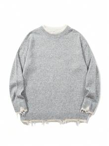 Unisex lässiger Rundhals-Patchwork-Pullover mit abgenutztem Saum, Langarm, Loose Fit, geeignet für Herbst und Winter - Grau - Übersicht 5