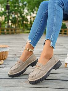 Mocasines de suela gruesa y ajuste ancho con punta redonda, para primavera y verano. Zapatos casuales ligeros, cómodos y elegantes para viajes y vacaciones al aire libre. Parte superior de cuero. Adecuado para estudiantes y tallas grandes. Se recomienda pedir 1/2 talla talla grande de su medida real, no es apto para pies estrechos. - Caqui - Ver 6