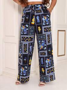 Women's Printed High-Waisted Palazzo Pants With Elastic Waistband And Pocket In Elegant Crepe Fabric - màu xanh nước biển - Xem 1