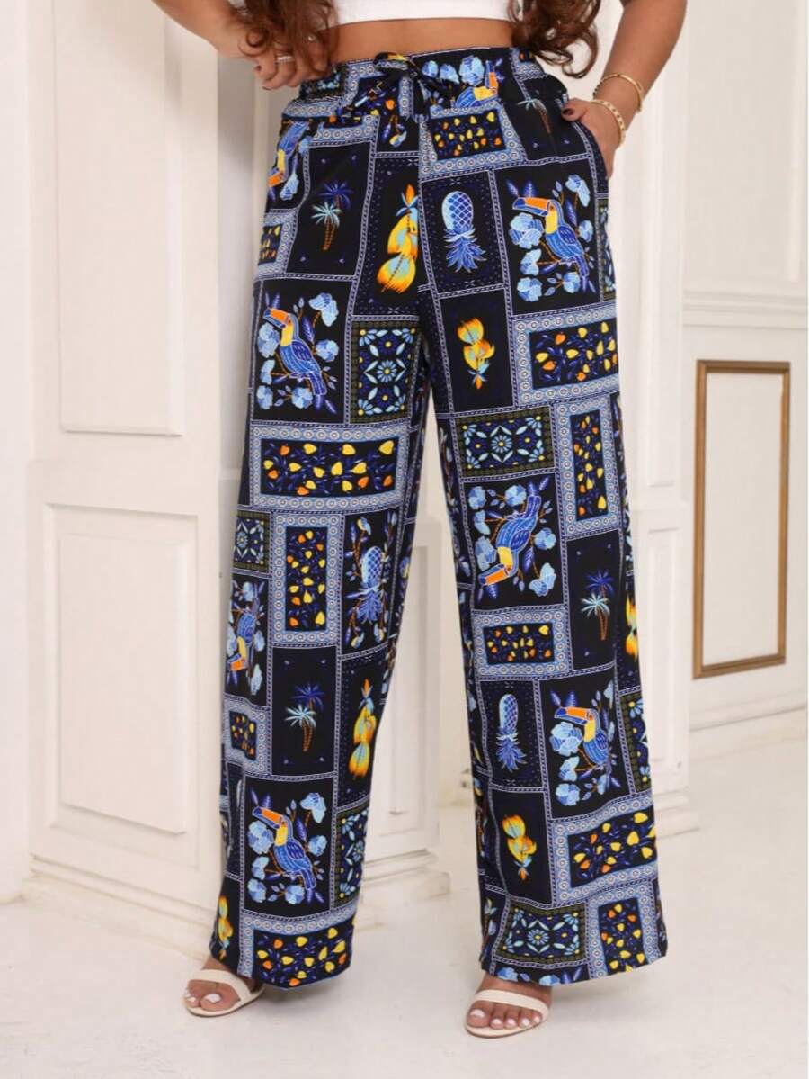 Women's Printed High-Waisted Palazzo Pants With Elastic Waistband And Pocket In Elegant Crepe Fabric - màu xanh nước biển - Xem 1