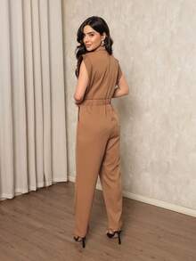 ALETHEIA - ELEGANT TAILORED JUMPSUIT FOR WOMEN WITH JAPANESE SLEEVES, TANK TOP WITH ELASTIC WAISTBAND AT THE BACK - 杏色 - 查看 6
