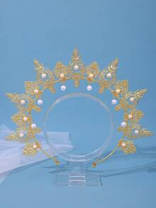 1pc Golden Pearl Pendant Headband, Virgin Mary Crown Costume Accessory, For Events & Parties