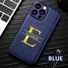 定制手机壳适用于 17 16 15 14 13 12 11 Pro Max 17 Air 16 15 14 Plus 兼容三星 Galaxy S25 S24 S23 S22 Ultra Plus 个性化首字母姓名壳 3D DIY 雕刻金色字母烫印技术皮革后盖奢华经典商务 PU 皮套节日礼物送给爱人朋友家人自己 - 藍色 - 查看 4