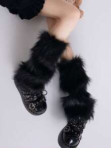 1 Pair Of Autumn And Winter Warm Socks, Knitted Socks, Sweet Girl Plush Leg Guards, Mid Length Boot Covers, Stacked Socks With Personalized, Thick And Warm Anti Cold Socks For Women - Black - View 6