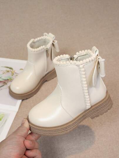 1 Pair Girls' Solid Color Fashion Ankle Boots With Bow Decor, Side Zipper, Comfortable Lining, Suitable For Outdoor Wear In Autumn/Winter
