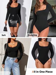 Women's Openback Square Neck Long Sleeve Tummy Control Bodysuit Shapewear - Black - View 5