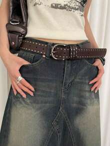 1 件女士咖啡色 PU 皮革朋克风格双排铆钉装饰腰带，百搭配饰，适合夏季、秋季、万圣节