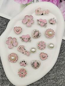 18PCS Y2K Style Pink Resin Flower Shoe Charms Accessoris DIY Love Word Crown Heart Shaped Shoe Buckles Decorations Faux Bead Removable Decorative Shoe Clips Fit Women Sandals Slides Slippers Beach Bag Xmas Halloween Birthday Party Decor Gifts