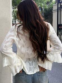 Women's New Jacquard Fabric Long Sleeve Comfortable Versatile Casual Shirt With Tie Bow, Layered Ruffle V Neck Top