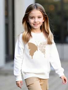 2 件套青少年女孩春秋长袖运动衫和工装裤套装，蝴蝶和字母印花，休闲，舒适，时尚 - 卡其色 - 查看 5