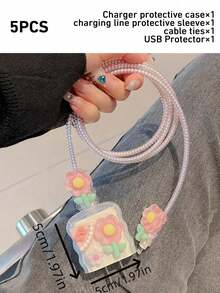 Juego de 5 fundas protectoras de onda transparente con flor de TPU para organizador de cable de cargador rápido de 18W/20W compatible con Apple - Multicolor - Ver 5