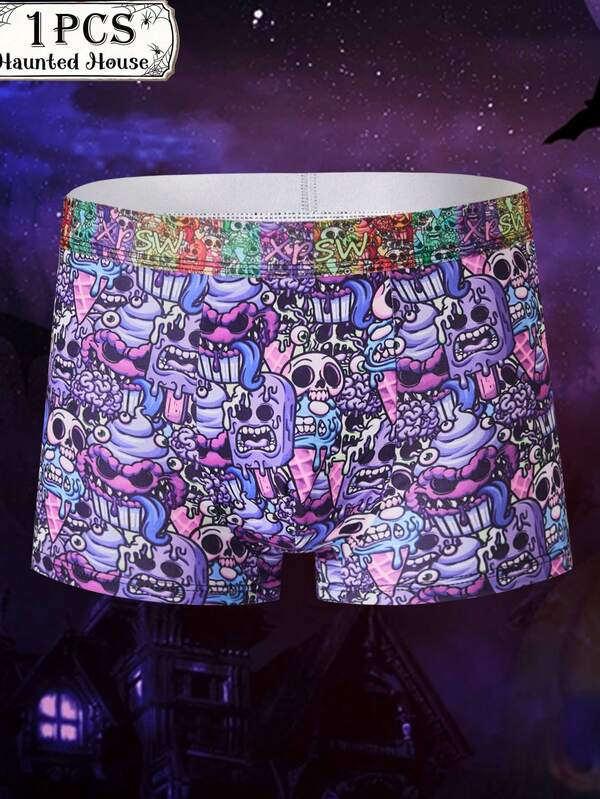 1 Piece Set Of Men's Shorts, Halloween Skull Pattern, Soft And Skin-Friendly Fashionable Men's Underwear, Men's Boxing Shorts