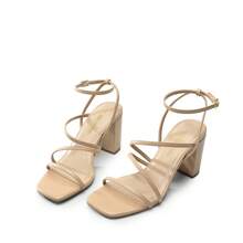 Women's Heels Chunky Block Strappy Square Open Toe Ankle Buckle Heeled Sandals Wedding Party Dress Shoes - Màu be - Xem 5
