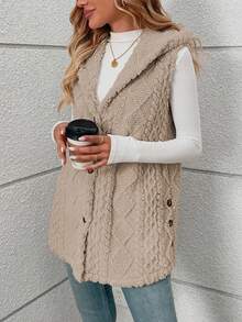 女式纯色无袖连帽仿皮草夹克，秋冬 - 駝色 - 查看 3