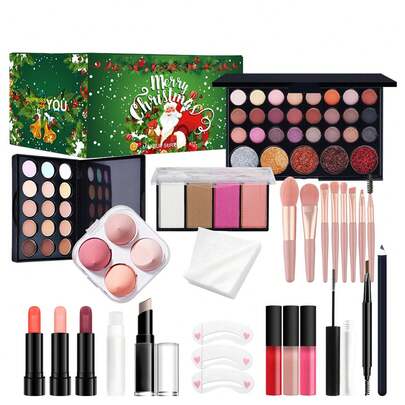 Calendario dell'avvento per il trucco, set di trucco tutto in uno che include palette di ombretti, rossetto, correttore, eyeliner, mascara, fondotinta, pennelli, matita per sopracciglia, calendario dell'avvento di bellezza