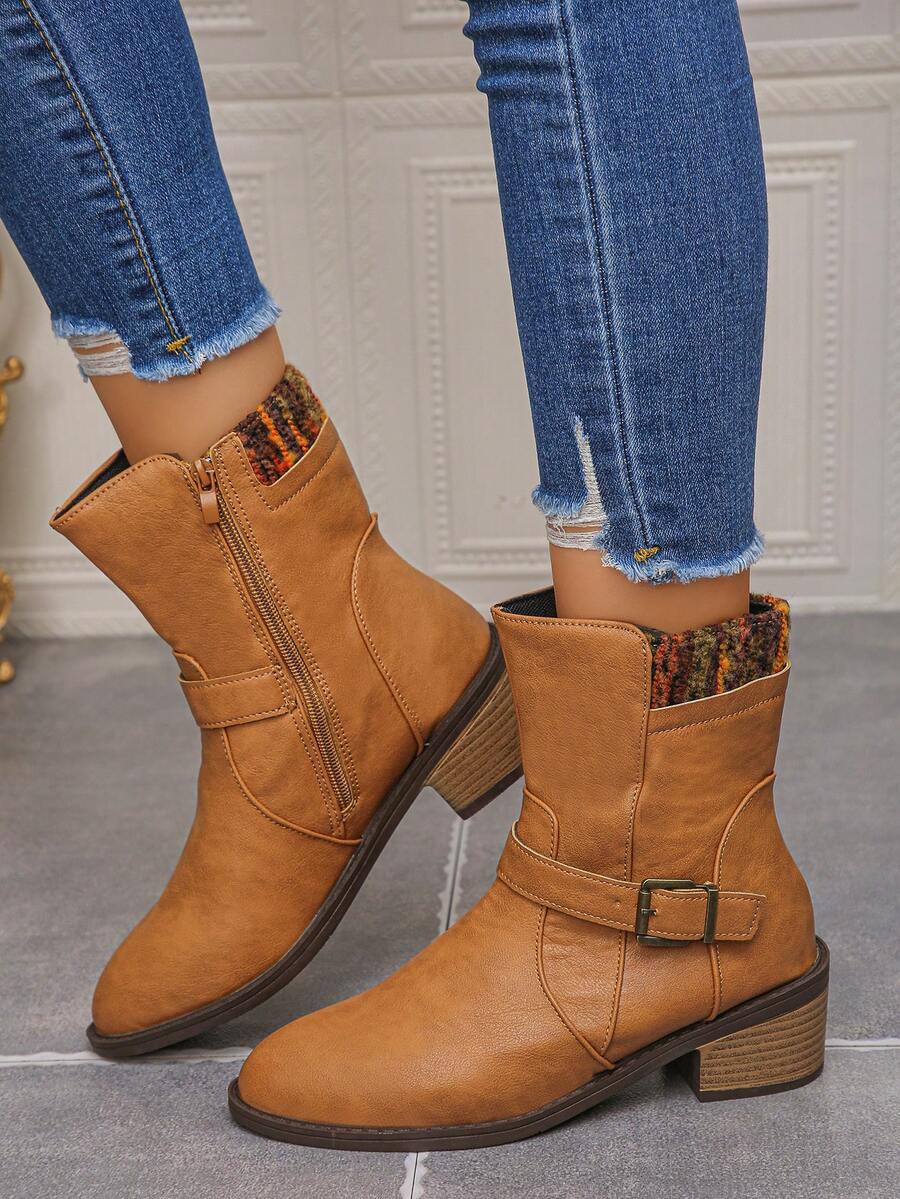 1 Pair Women's Autumn/Winter Fashion Boots, Pointed Toe Block Heel Short Boots, Knit Collar Western Style With Buckle And Side Zipper, Holiday