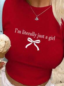 Camiseta casual de manga corta con cuello redondo y estampado de letras para mujer, top gráfico de mujer para verano - Rojo - Ver 7