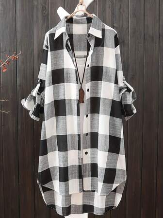 Plus Size Plaid Loose Long Blouse With Roll-Up Sleeves