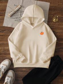1pc Tween Girl Casual Pumpkin & Letter Print Pullover Sweatshirt, Loose Fit, Warm Thermal Lining, Suitable For Autumn/Winter, Halloween - Apricot - View 5
