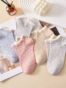 5 pares de calcetines de tobillo con volantes y lunares de colores para mujer, calcetines invisibles, transpirables y cómodos, adecuados para primavera/verano, colores surtidos