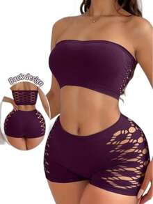 2 piezas: sujetador sin tirantes con botones cruzados para mujer, el más vendido, tallas M/L/XL. - Morado - Ver 2