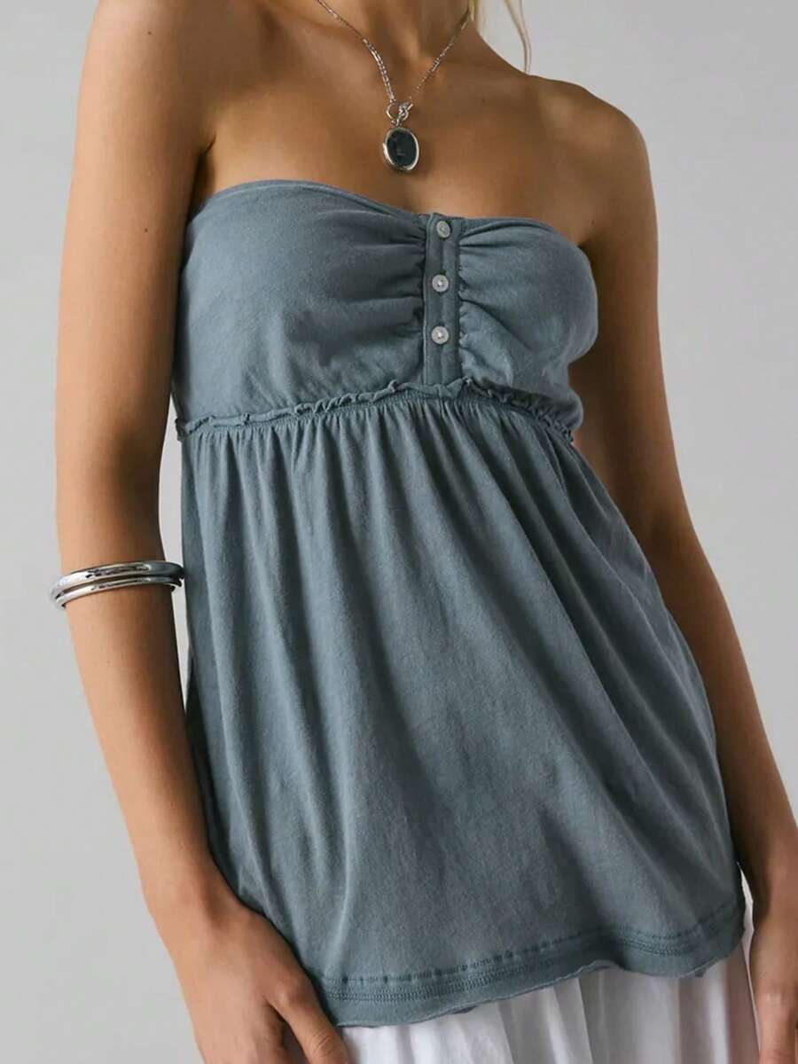 Women Y2k Tube Top Button Sleeveless Backless Strapless Bandeau Cute Aesthetic Summer Going Out Club Party Tank Tops - 灰色 - 查看 1