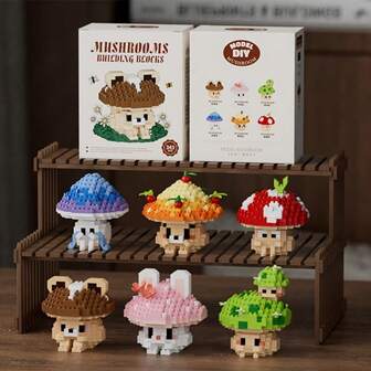 A Set Of 300+ Particle Building Block Toys, Cute Mushroom Series Desktop Decorations, Sturdy ABS Material, Red/White/Green/Pink Colors, Ideal For Holiday Gifts, Halloween Gifts, And Home Decoration