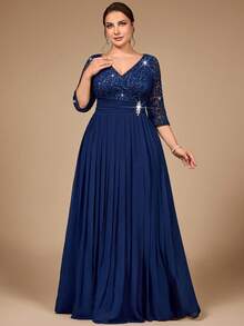 Đầm dài dự tiệc trang trọng, cổ chữ V, đính sequin, ren hoa, tay lỡ 3/4, đính đá, eo nhún, xếp ly tương phản, chất liệu chiffon, thích hợp cho đám cưới, sinh nhật, lễ tốt nghiệp, tiệc tối, cỡ lớn, thanh lịch, mùa xuân. - Màu xanh hải quân - Xem 3