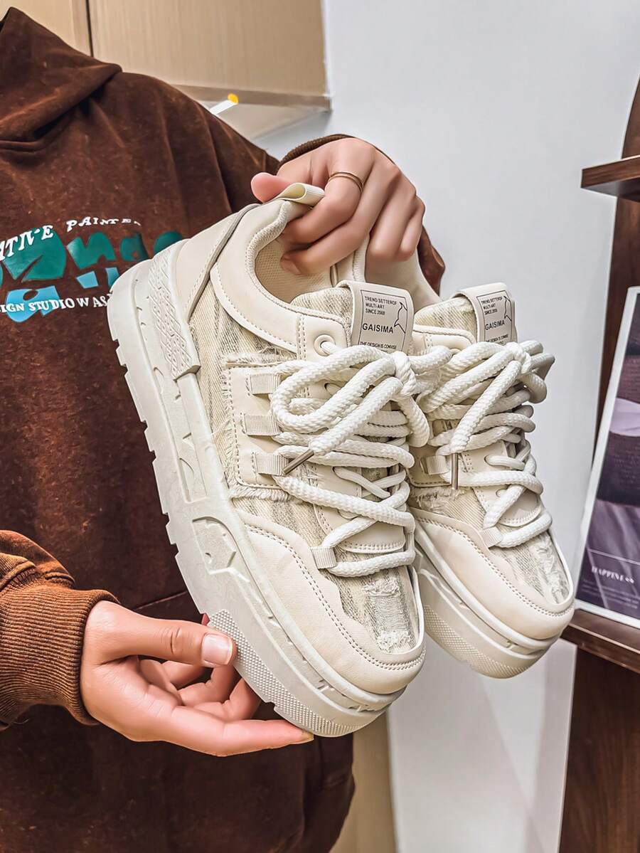 Men's Canvas Sneakers, Fashionable Casual Thick Sole Distressed Slip-On Shoes, Student Shoes