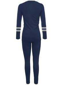 Plus Size Women Casual Blue-Grey Striped 2 Pieces Set - Navy Blue - View 3