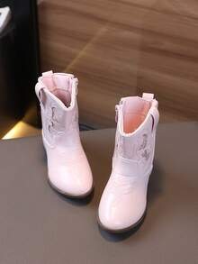 1双女童闪亮中筒粗跟复古西部牛仔切尔西靴，公主街头时尚踝靴 - 粉色 - 查看 7