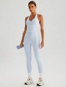 MASKERT Bộ đồ thể thao nữ, trang phục yoga, quần áo tập thể dục, áo tank top nữ, quần dài, đồ thể thao, đồ mặc nhà thoải mái, đồ tập luyện, mềm mại và thoải mái. - Màu xanh nhạt - Xem 6
