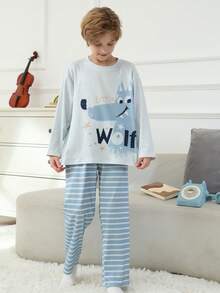 2pcs/Set Cartoon Flame Retardant Boys Sleepwear, Blue Striped Children Pajamas, Autumn/Winter - Blue - View 4